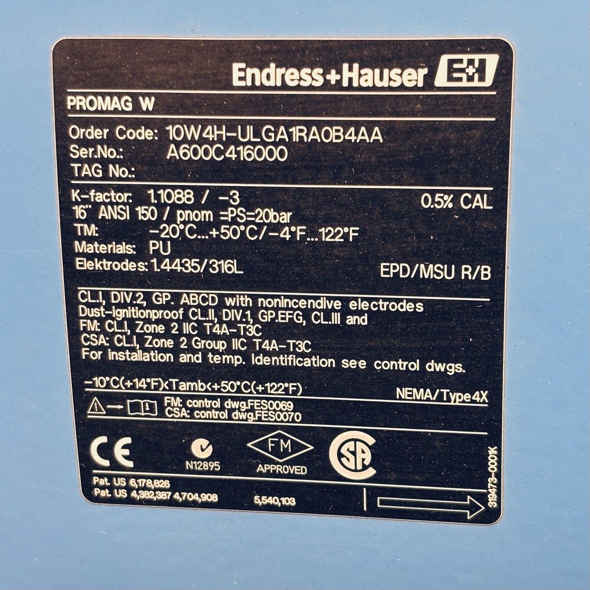 Endress+Hauser 10W4H-ULGA1RA0B4AA 16 in nameplate