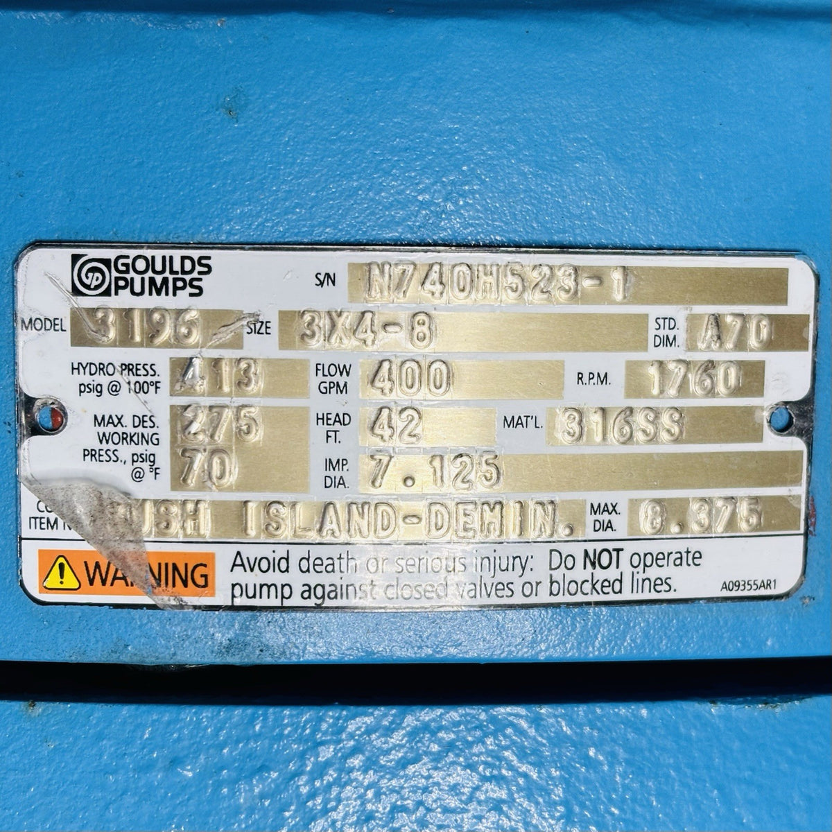 Goulds 3196 MTi 3x4-8 nameplate