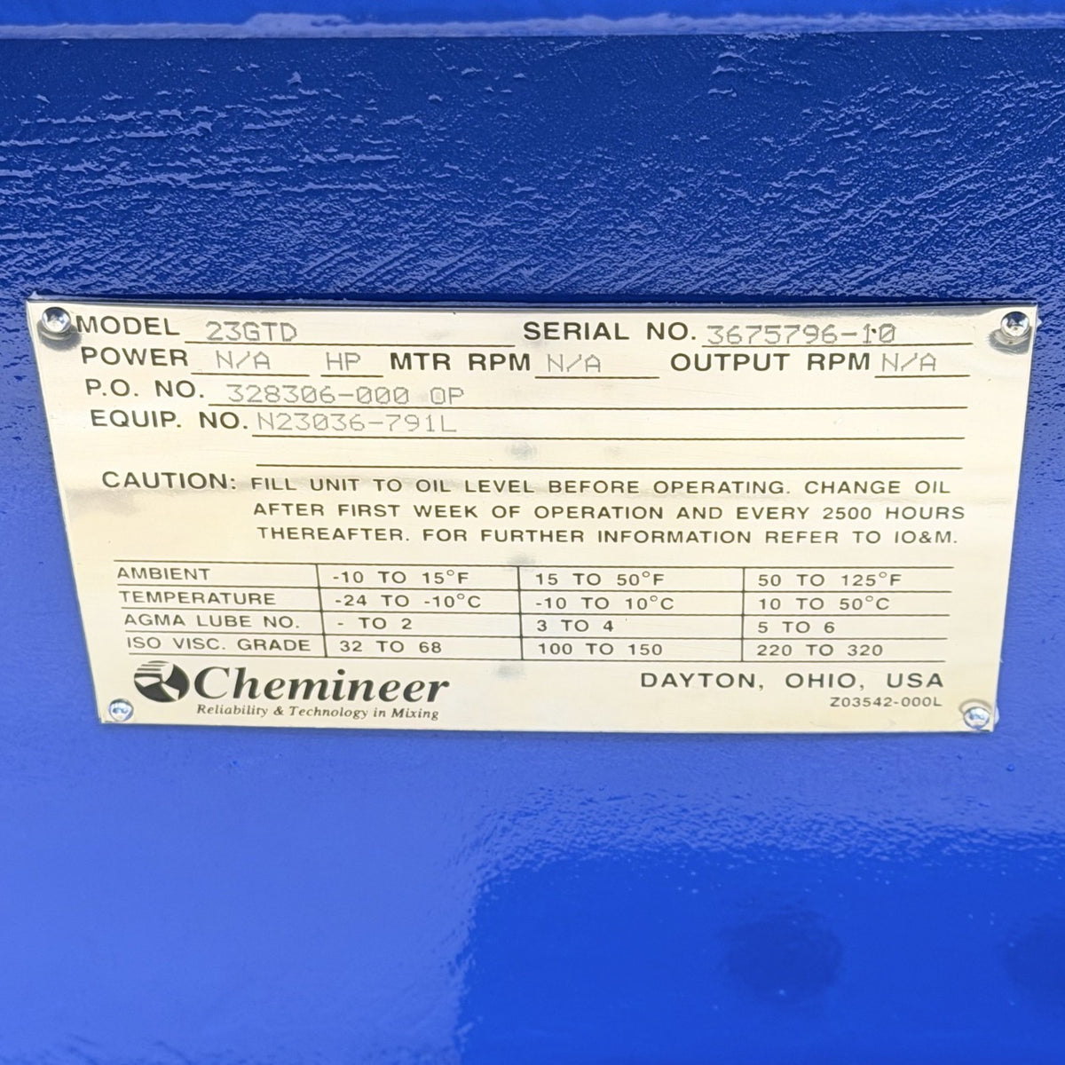 Chemineer 23GTD nameplate