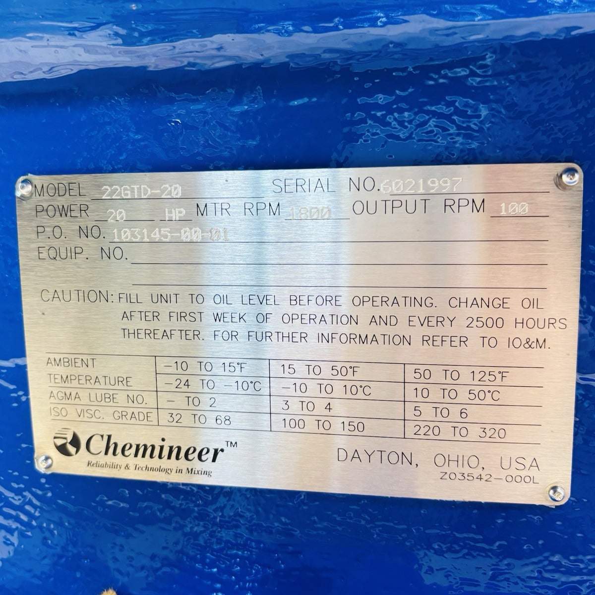 Chemineer 22GTD-20 nameplate