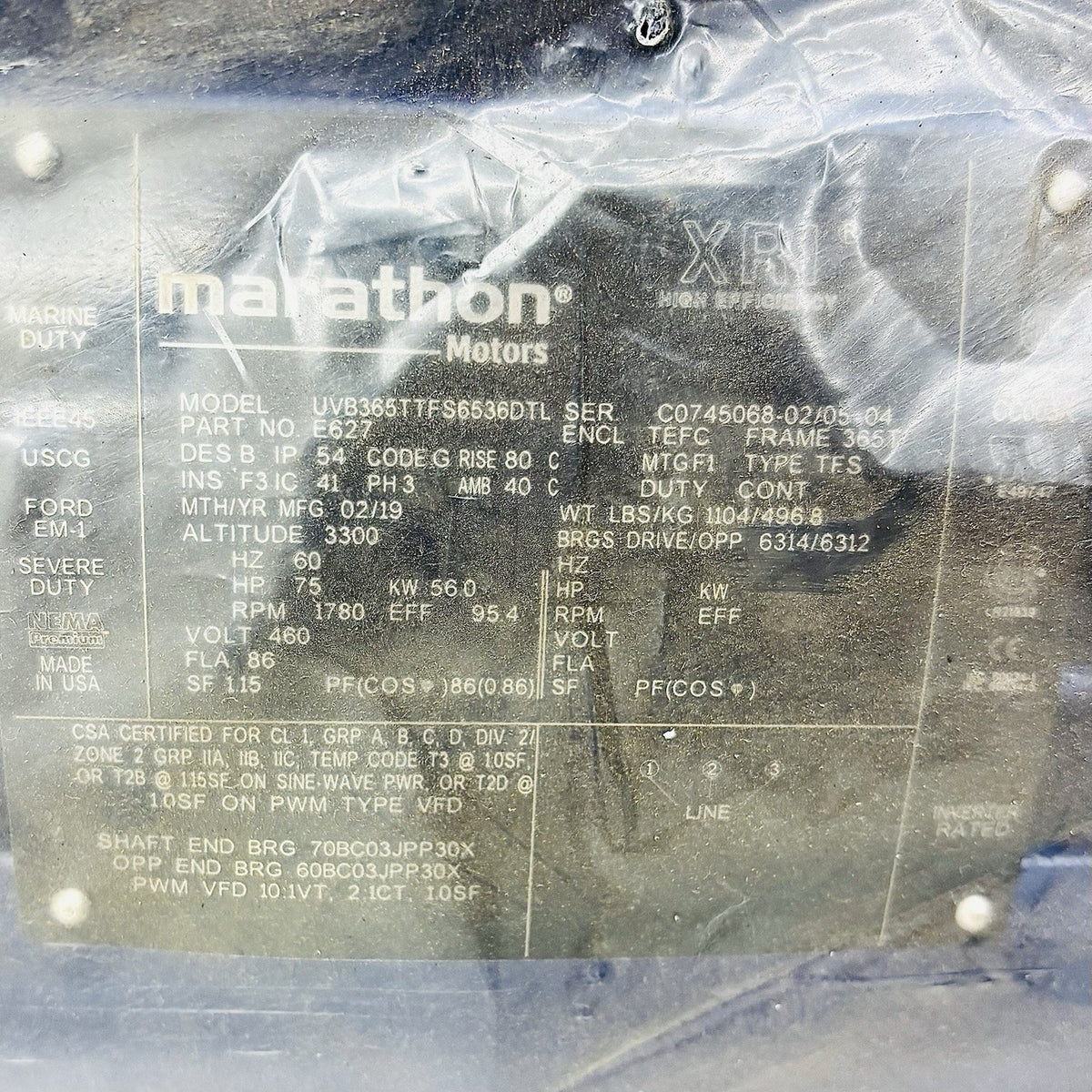 Marathon UVB365TTFS6536DTL nameplate