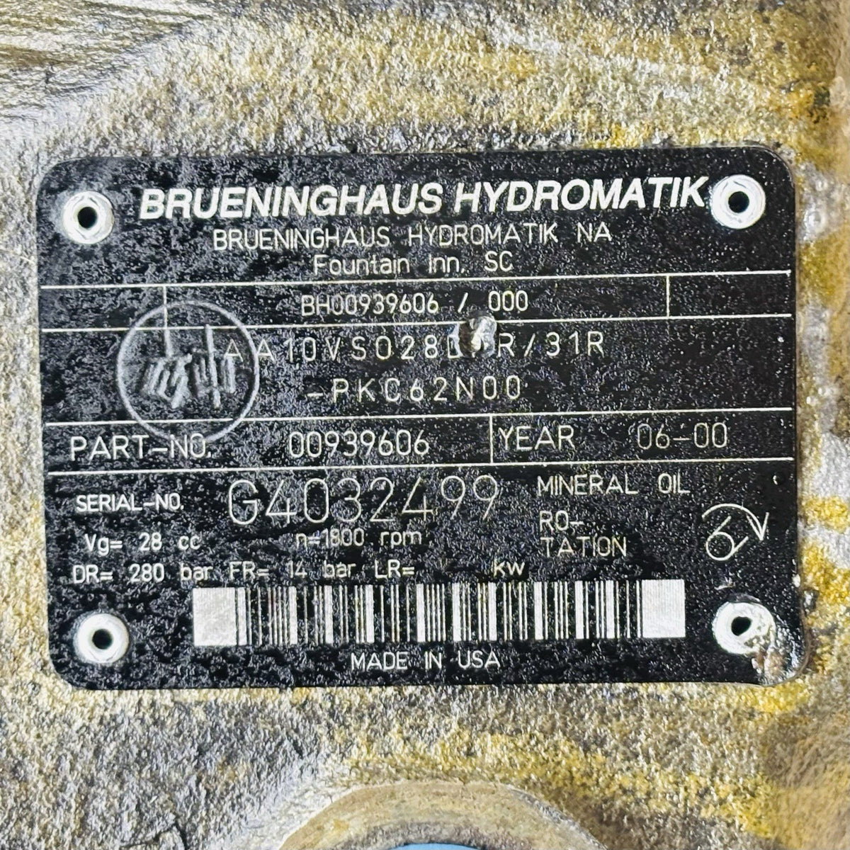 Brueninghaus Hydromatik AA10VSO71DFR/31R-PKC62K03 / AA10VSO28DFR/31R-PKC62N00 71 cc / 28 cc displacement data tag