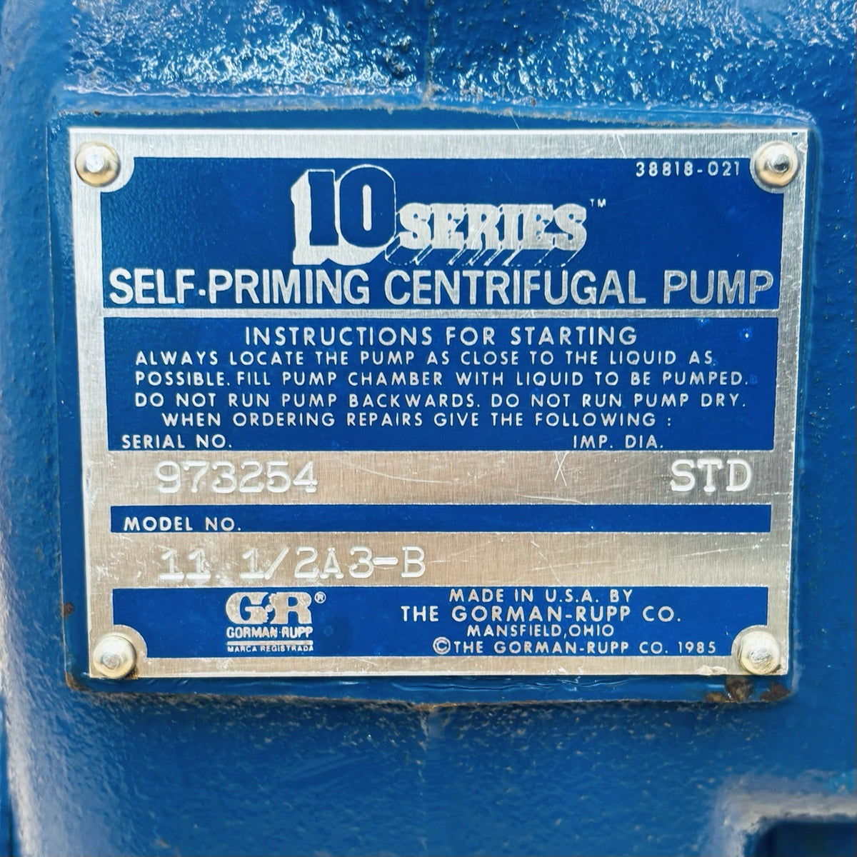 Gorman Rupp 11 1/2A3-B Self Priming Pump equipment nameplate