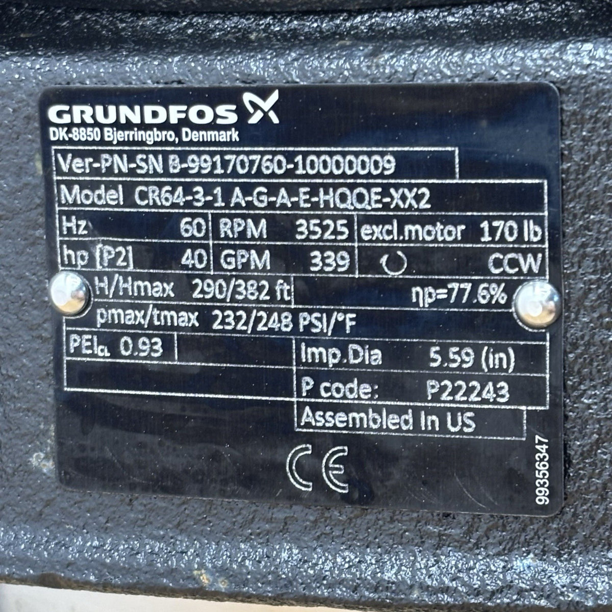 Grundfos CR64-3-1 A-G-A-E-HQQE-XX2 nameplate