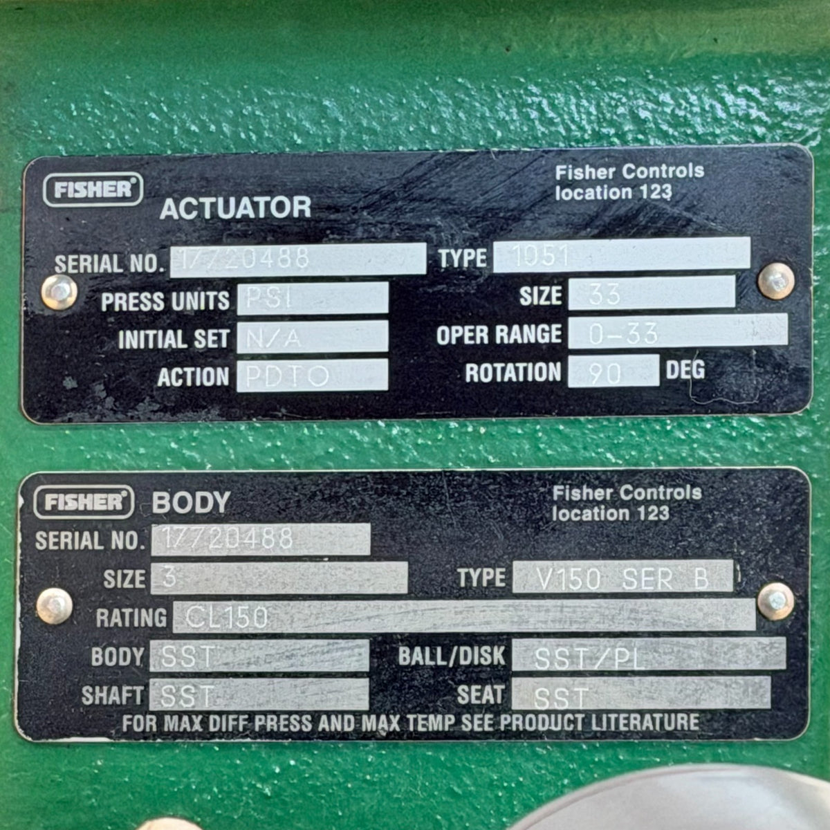 Fisher V150 Series B 3 in nameplate