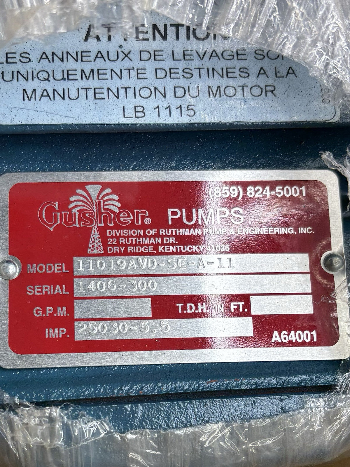 Gusher 11019AVD-SE-A-11 Vertical Pump equipment nameplate
