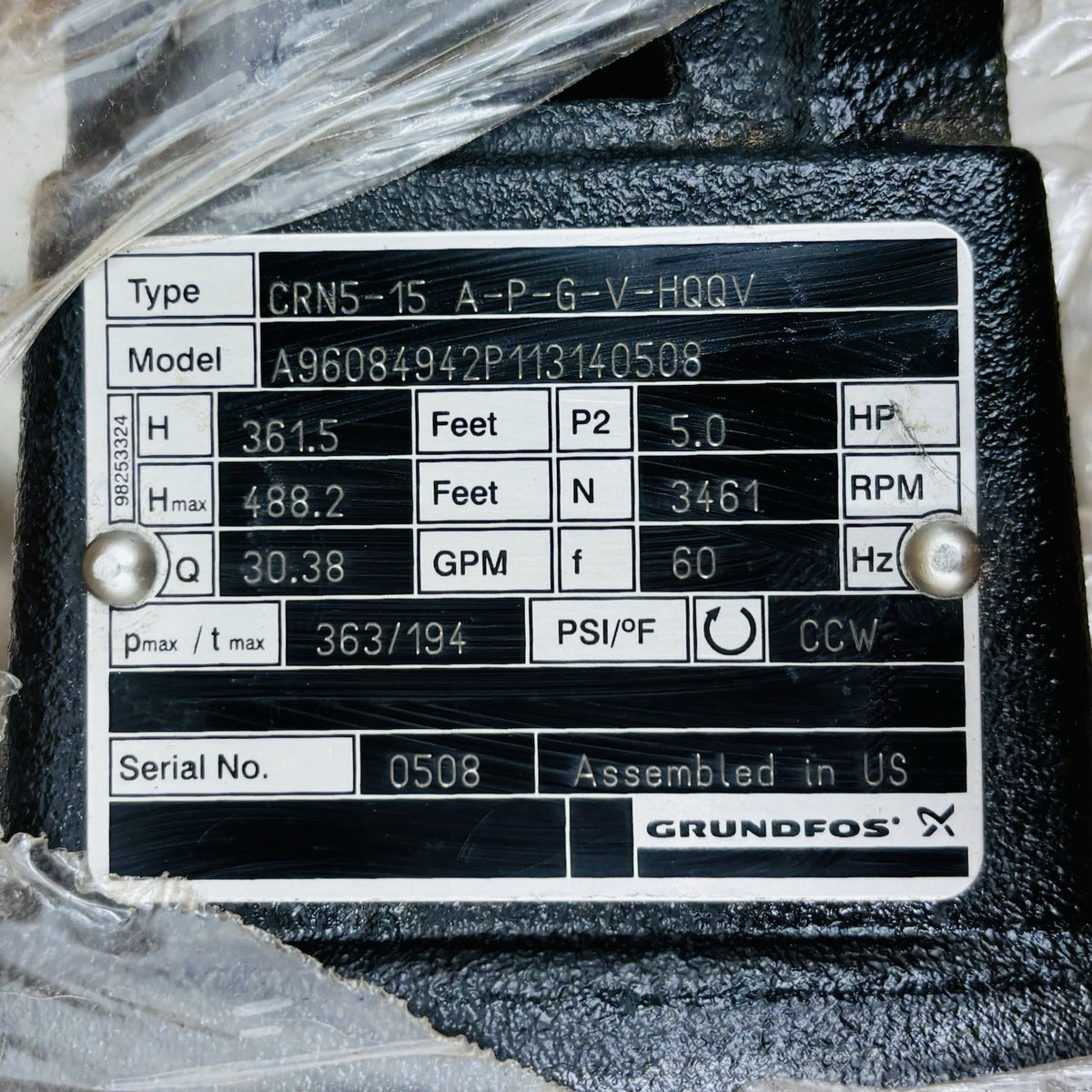 Grundfos CRN5-15 Multistage Pump equipment nameplate