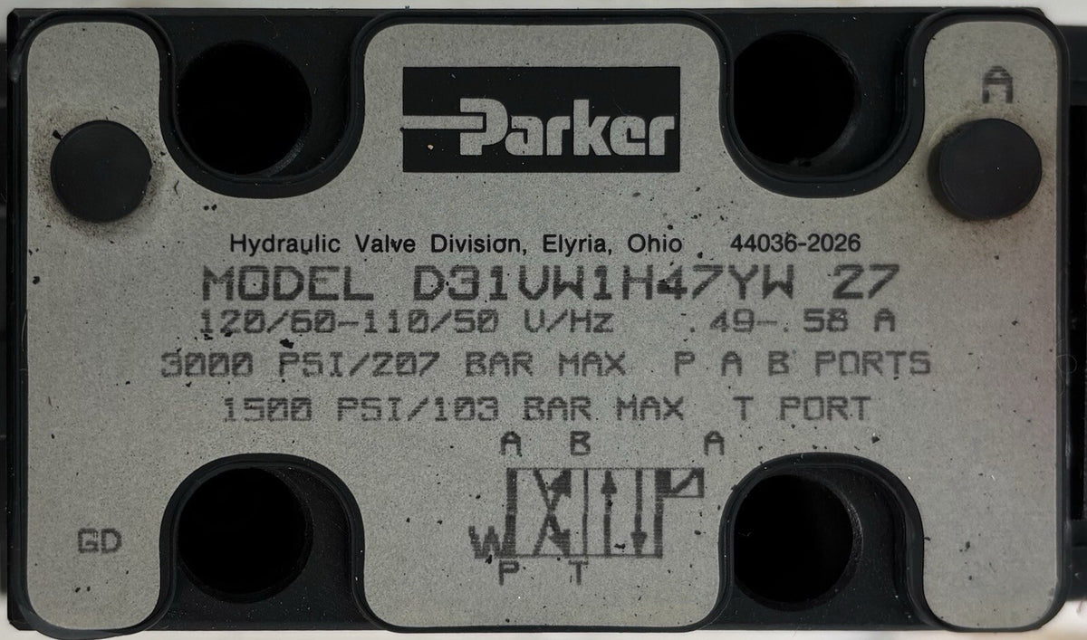 Parker D31VW1H47YW 27 Pilot Operated Directional Valve equipment nameplate