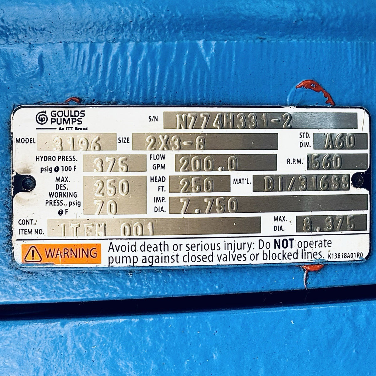 Goulds 3196 Centrifugal Pump equipment nameplate