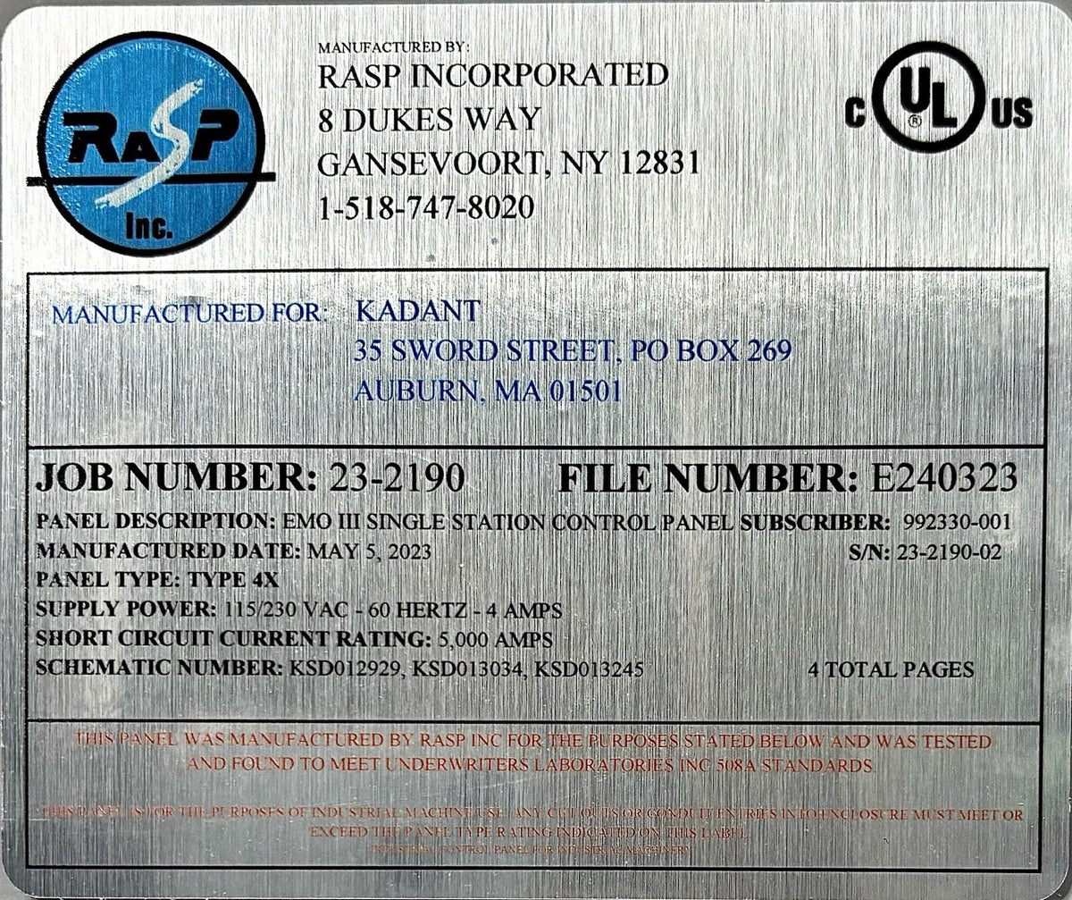 Kadant EMO III Single Station Control Panel equipment nameplate