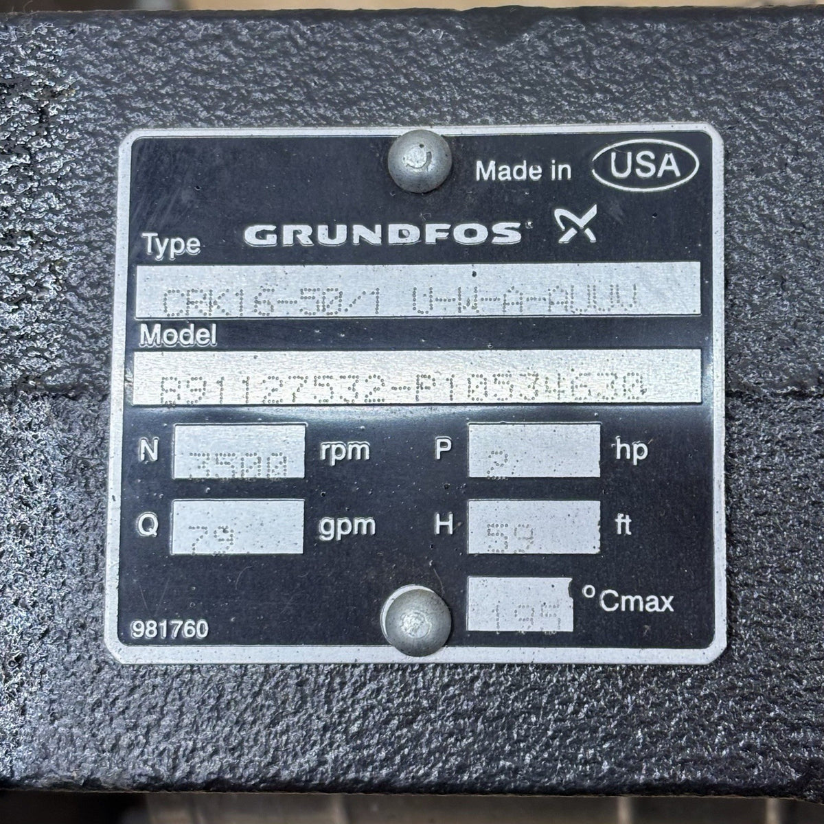 Grundfos CRK16-50/1 Immersible Pump equipment nameplate