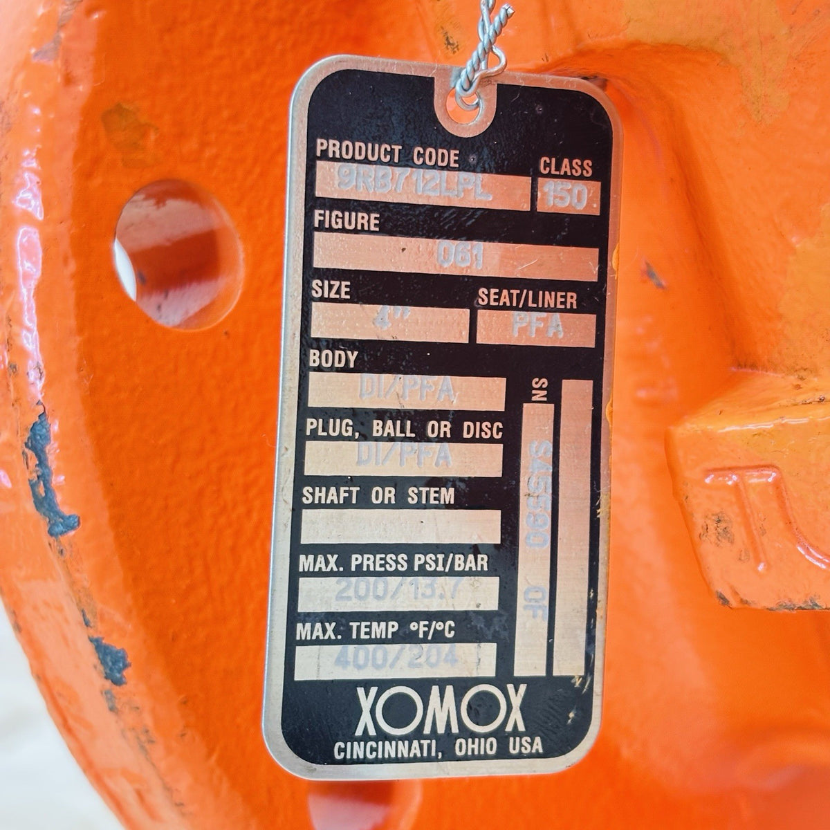 Xomox 9RB712LPL 4 in nameplate