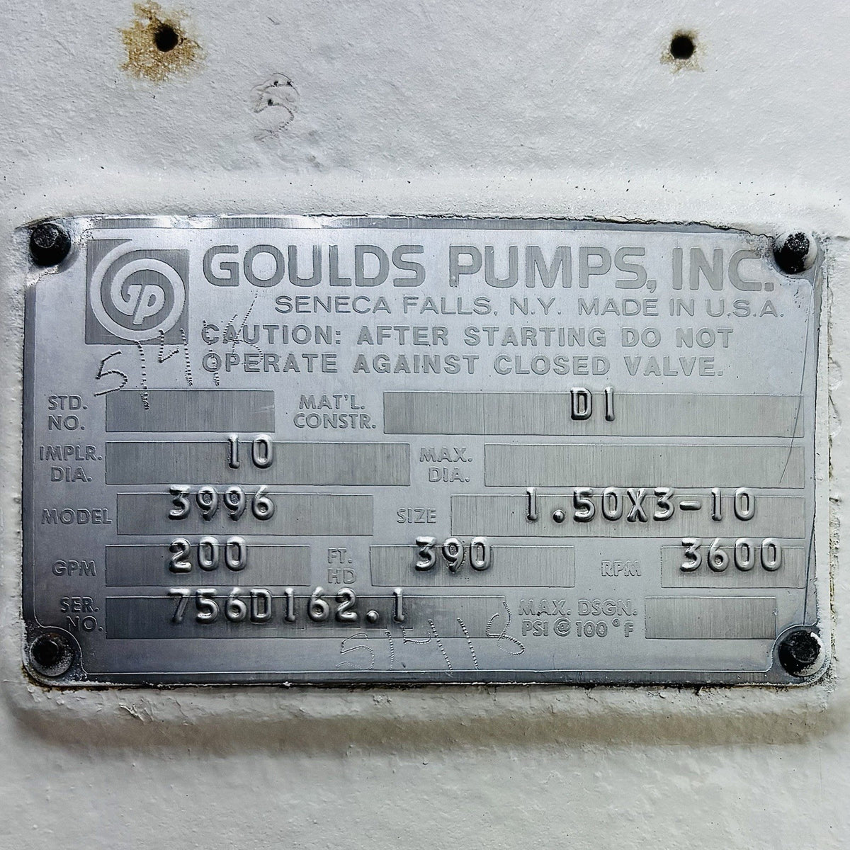 Goulds 3996 1.5x3-10 nameplate