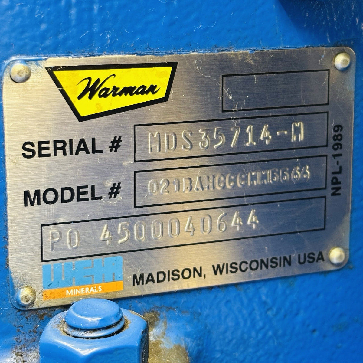 Warman 021BAHCCCMM5566 Slurry Pump equipment nameplate