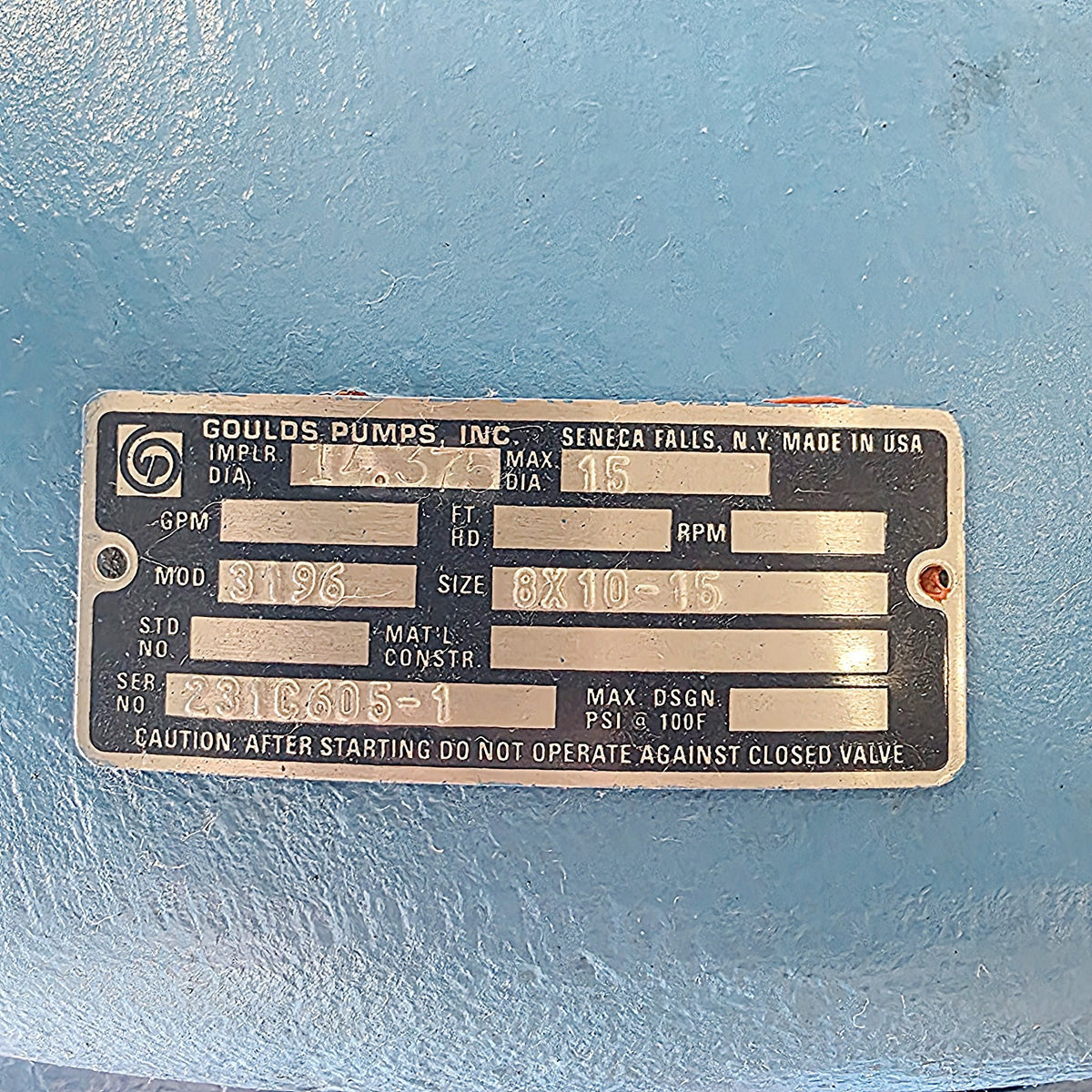 Goulds 3196 XLT-X pump nameplate data