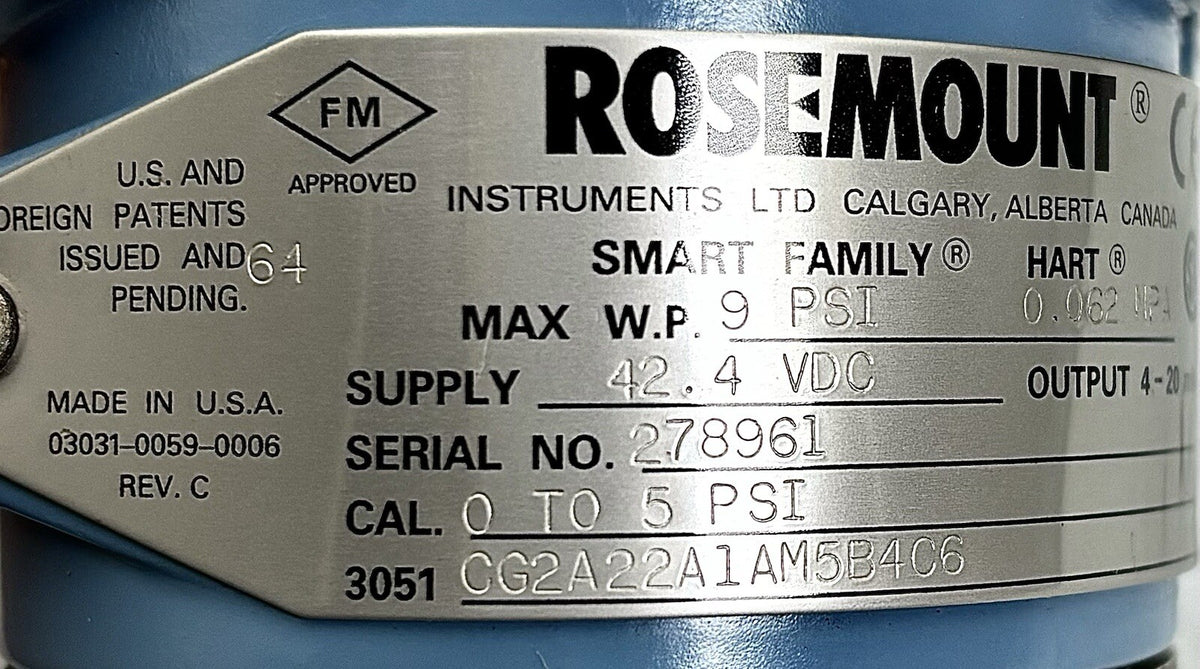 Rosemount 3051CG2A22A1AM5B4C6 Gage Pressure Transmitter equipment nameplate