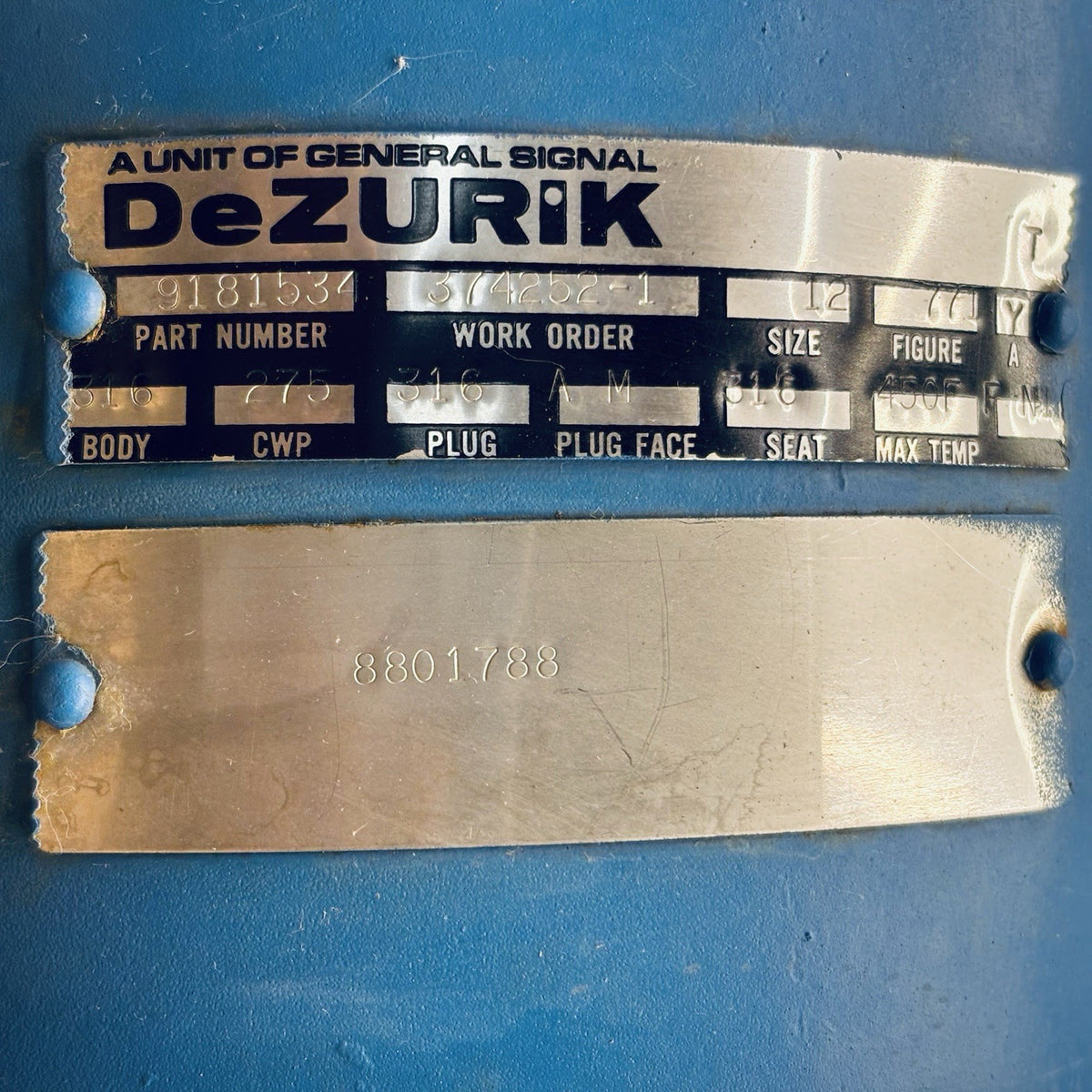 DeZURIK 9181534 (Figure 771) 12 in nameplate