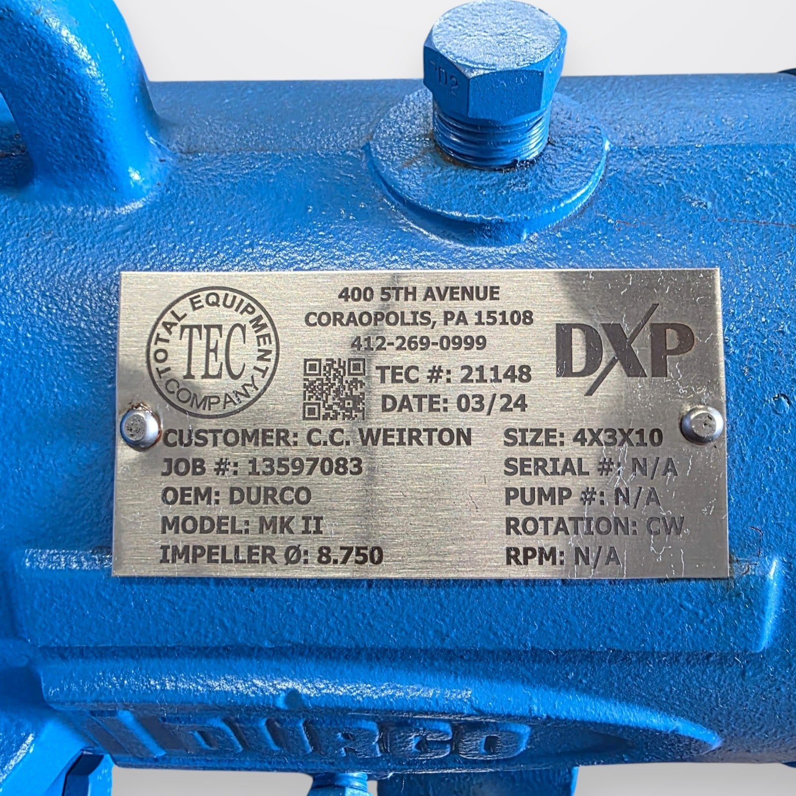 Durco MK II 4x3x10 data plate