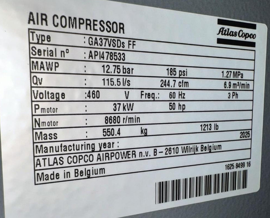 Atlas Copco GA37VSDs FF nameplate