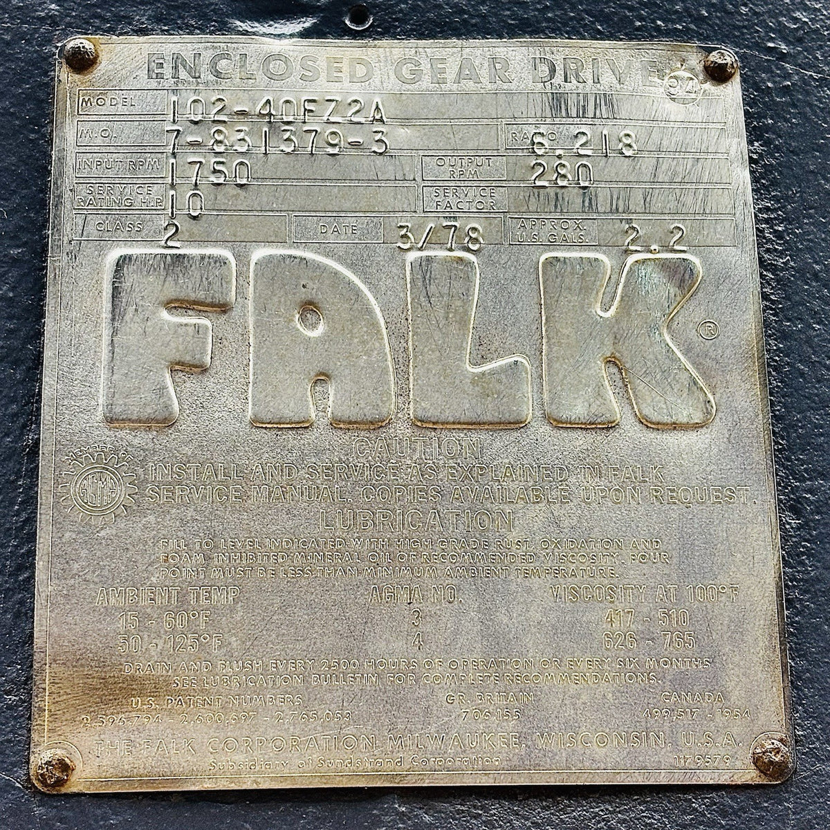 Falk 102-40FZ2A Gear Reducer equipment nameplate