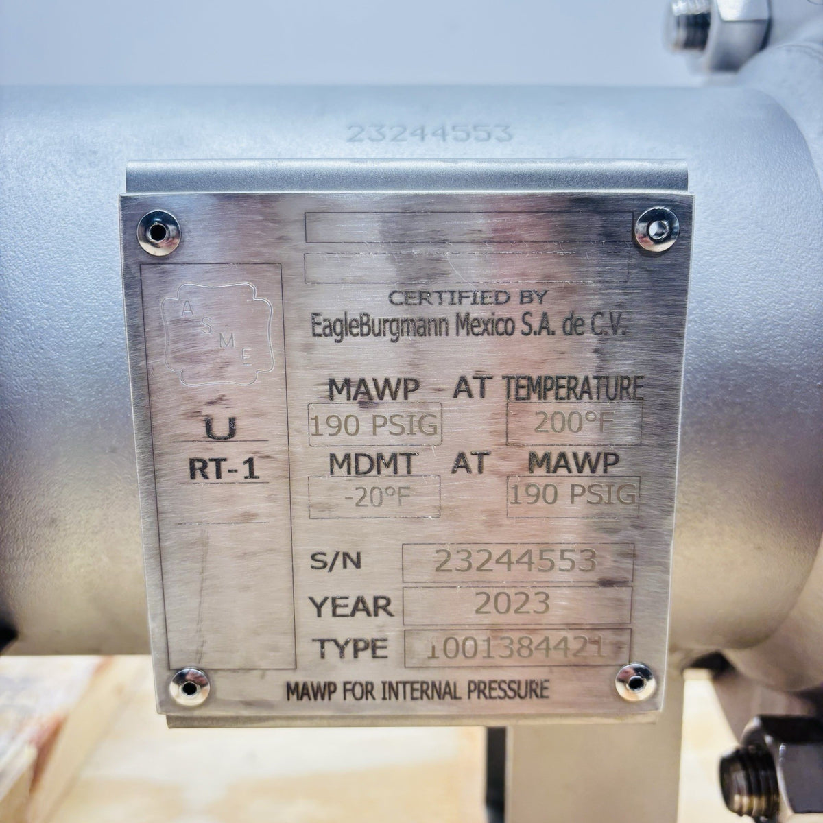 EagleBurgmann 1001384421 Pressure Vessel equipment nameplate