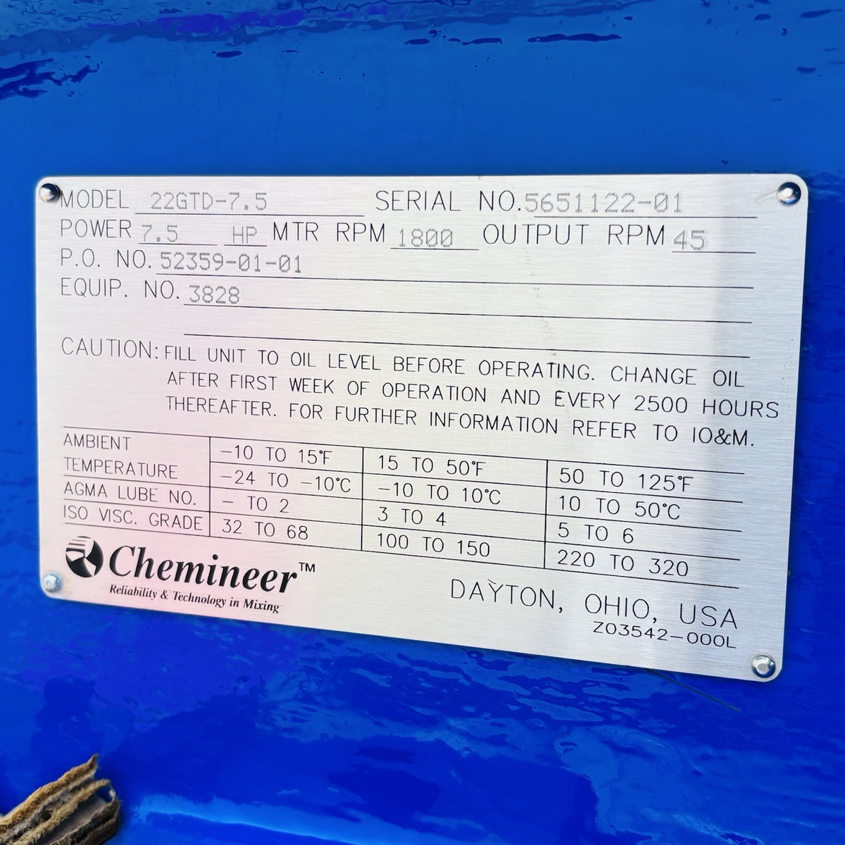 Chemineer 22GTD-7.5 nameplate