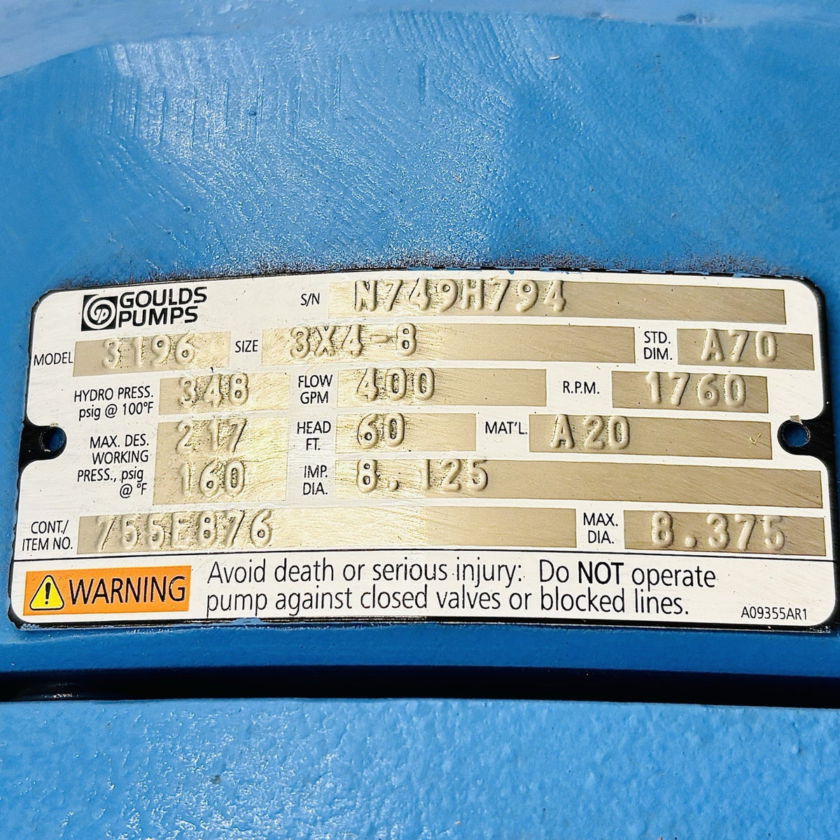 Goulds 3196 MTi 3x4-8 nameplate