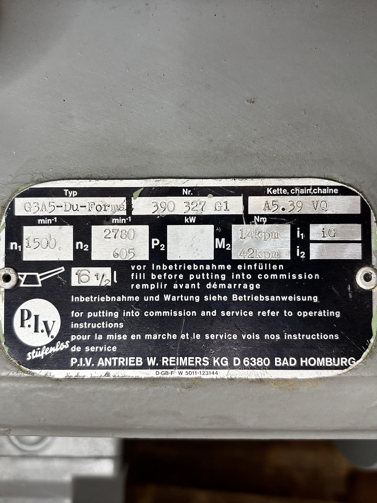 PIV G3A5-DU-Format nameplate