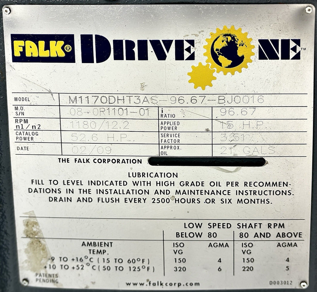 Falk M1170DHT3AS Gear Drive equipment nameplate