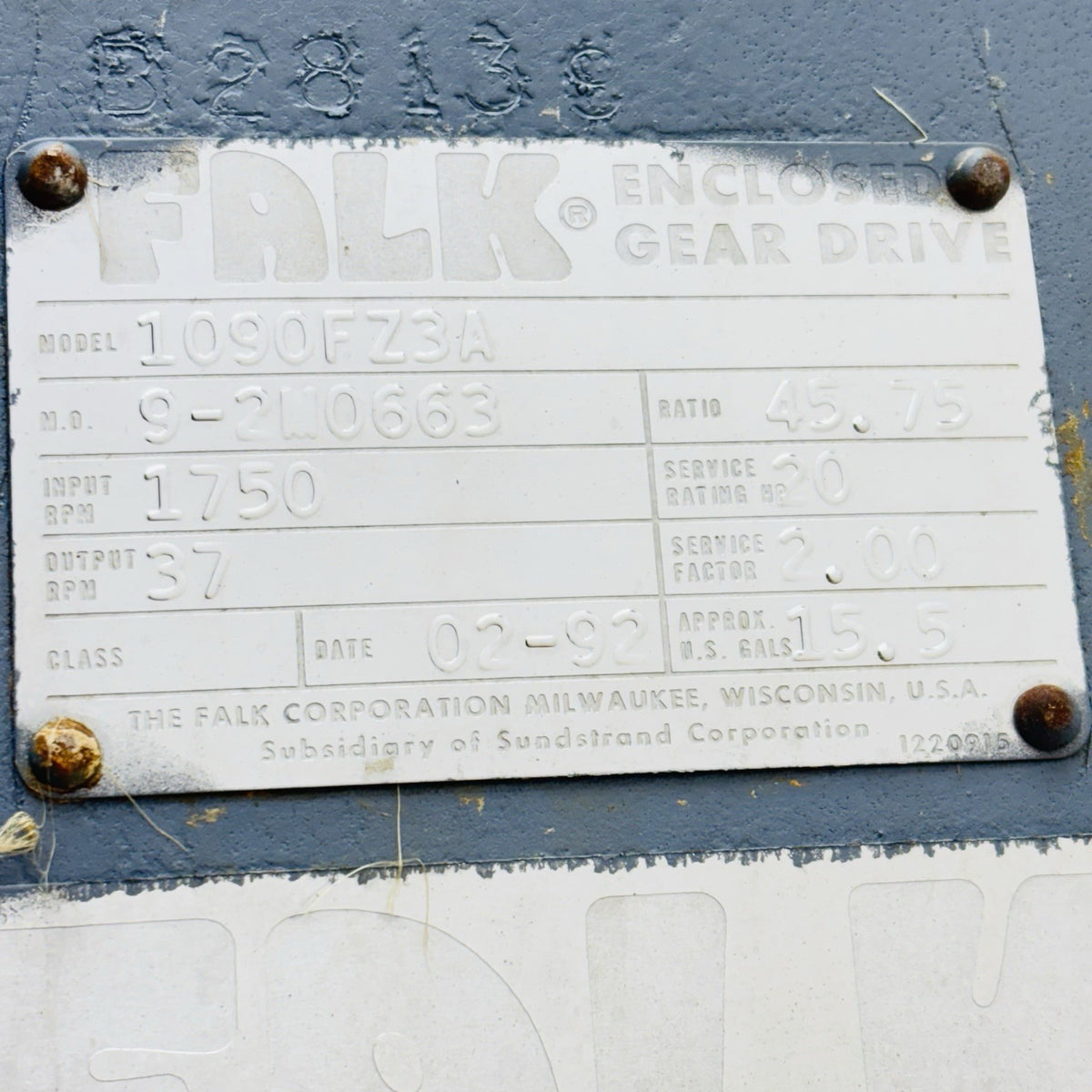 Falk 1090FZ3A Gear Drive equipment nameplate