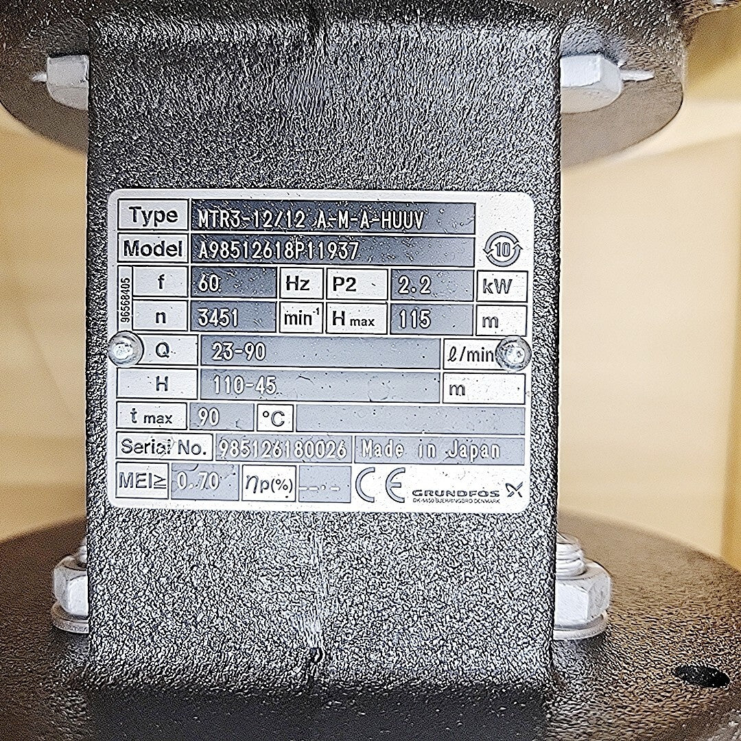 Grundfos MTR3-12/12 nameplate and data plate detail