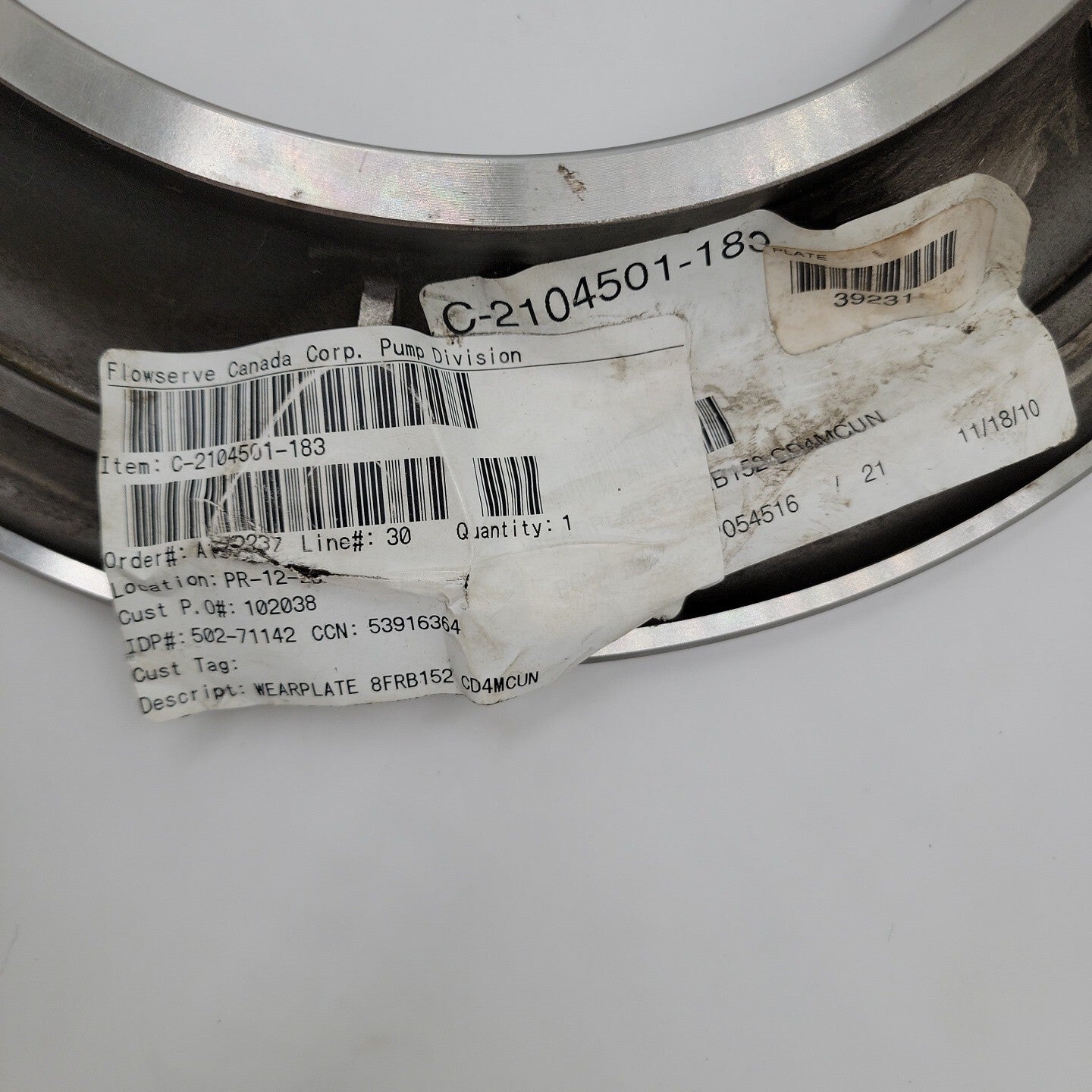 Worthington 8FRBH-152 Wear Plate/Suction Plate C-2104501-183 CD4M