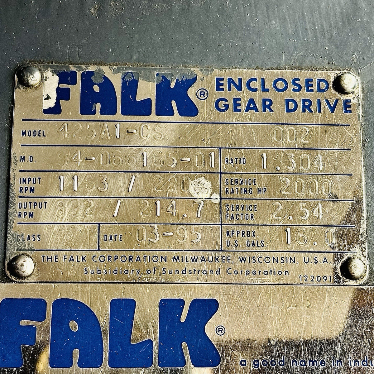 Falk 425A1-CS Gear Drive equipment nameplate