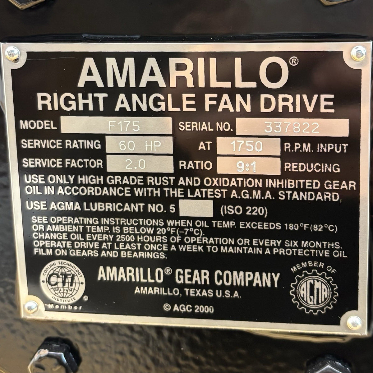 Amarillo F175 Right Angle Fan Drive equipment nameplate