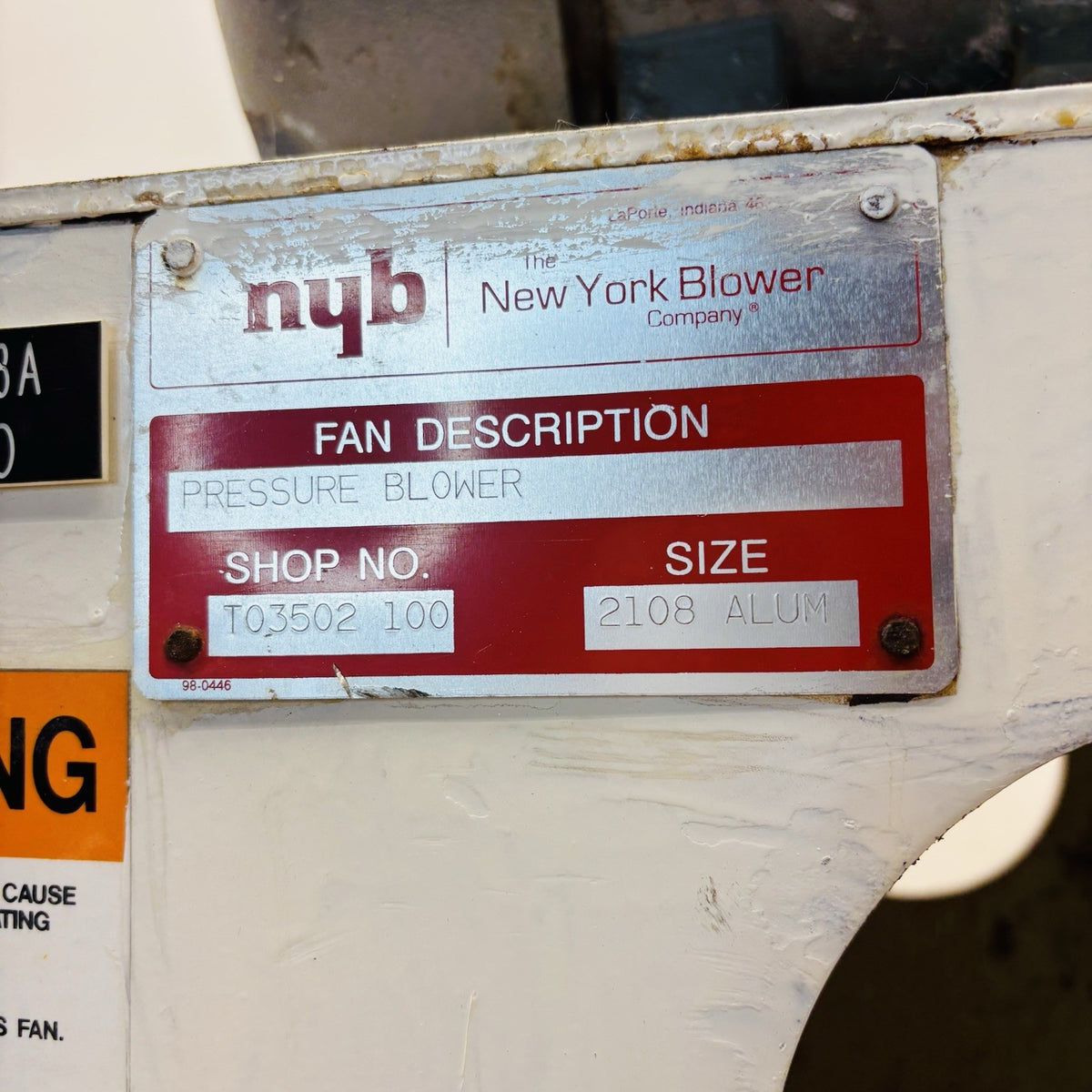 New York Blower PB2108A 2108 data tag
