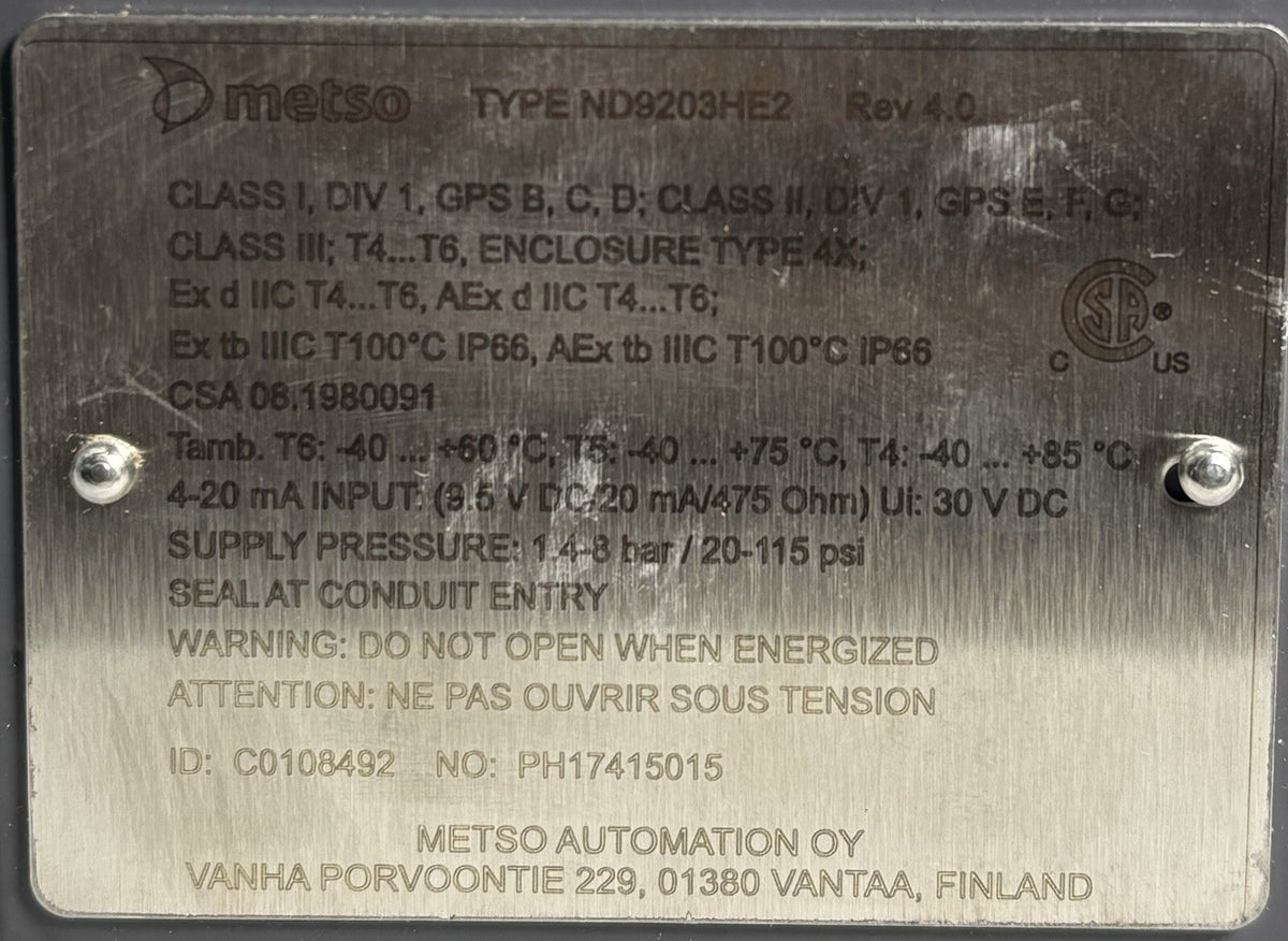 Metso ND9203HE2-KA3 nameplate
