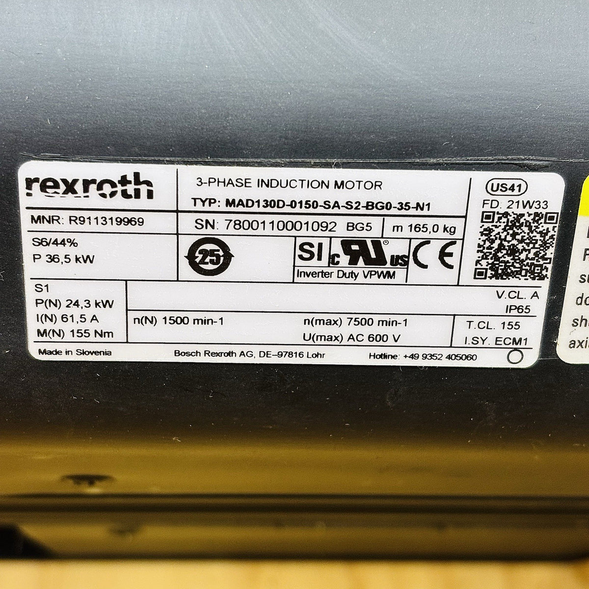 Rexroth MAD130D-0150-SA-S2-BG0-35-N1 Induction Motor equipment nameplate