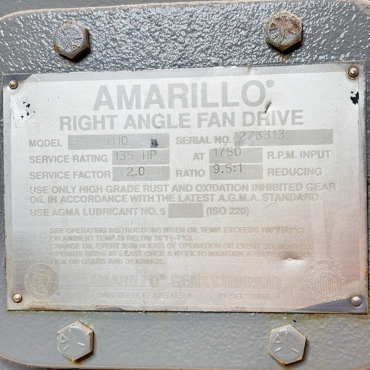 Amarillo 1110 Right Angle Fan Drive equipment nameplate