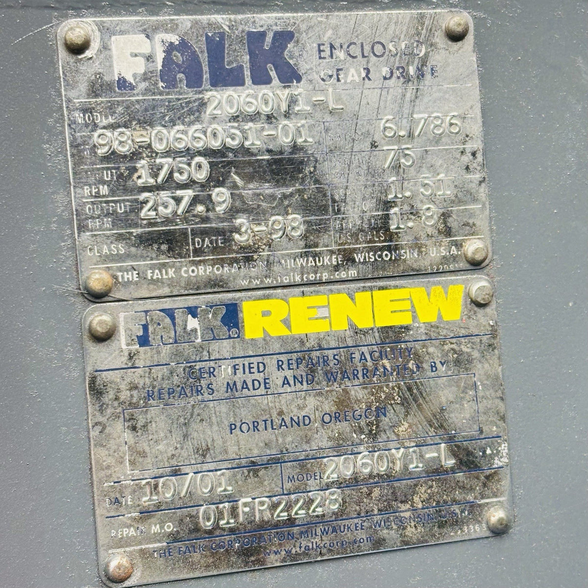 Falk 2060Y1-L Gear Drive equipment nameplate