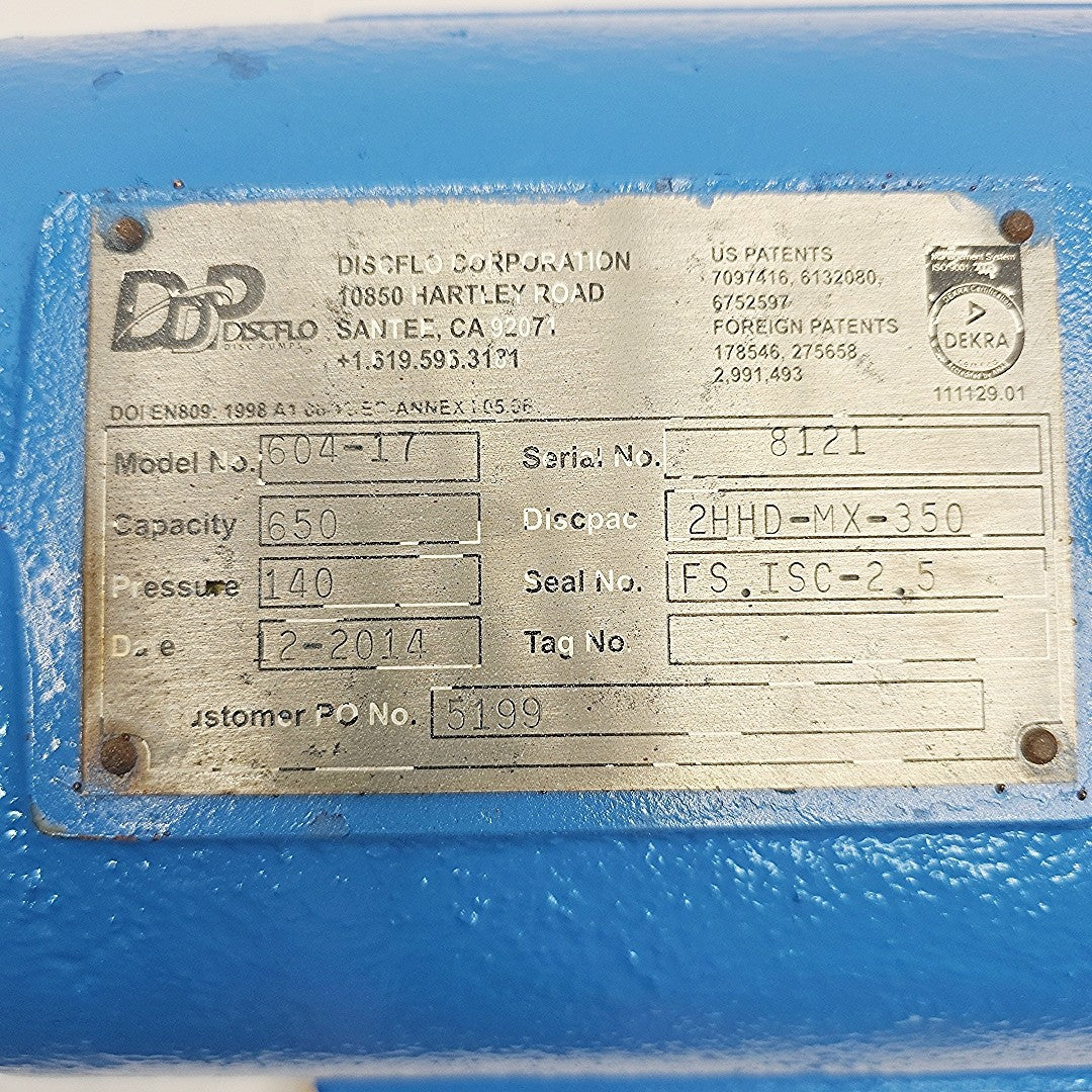 Discflo 604-17 Disc Pump 650 GPM 140 ft Head Maxalloy 350 Heavy Duty