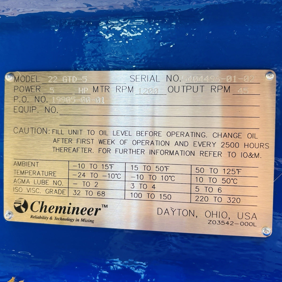 Chemineer 22 GTD-5 nameplate