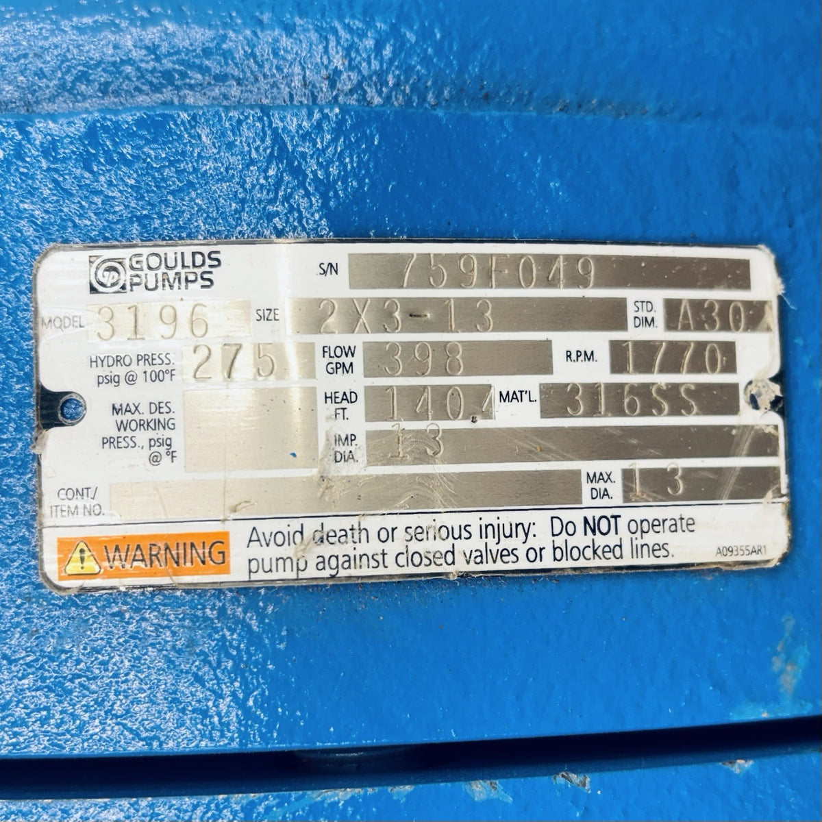 Goulds 3196 MTi 2x3-13 nameplate
