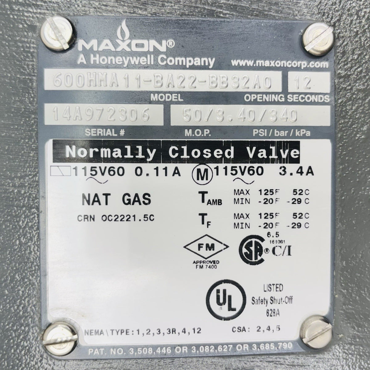 Maxon 600HMA11-BA22-BB32A0 nameplate