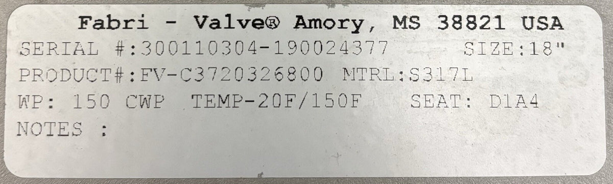 Fabri-Valve FV-C3720326800 18 in nameplate