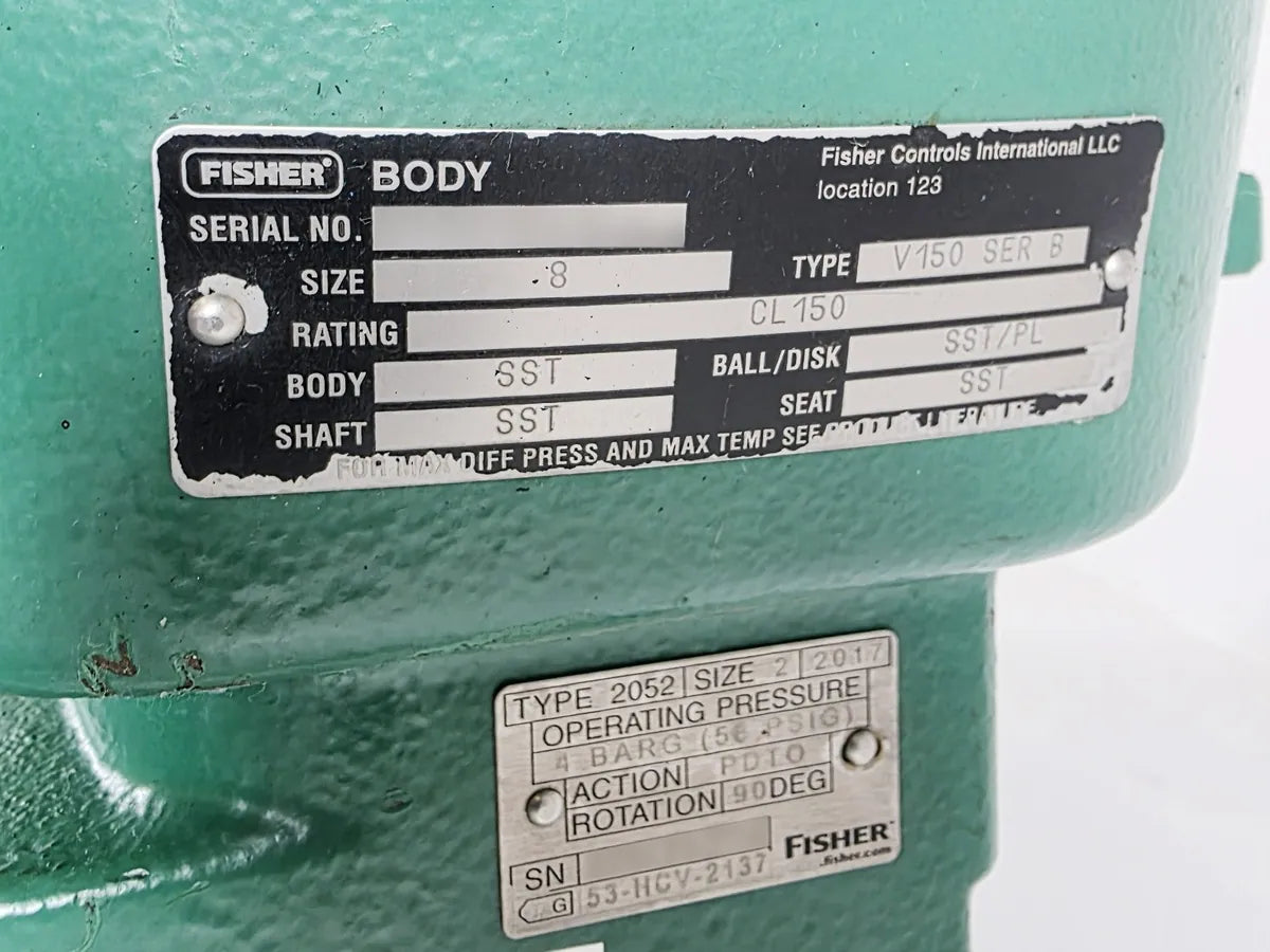 Fisher V150 body nameplate and 2052 actuator nameplate on a valve from DWP stock